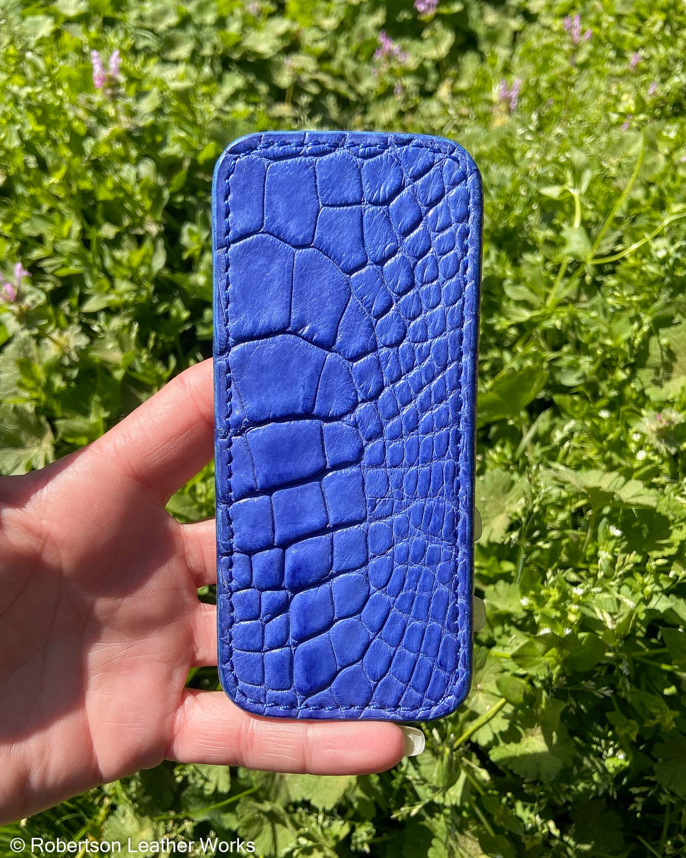 Large Blue Alligator Leather Knife Slip, Blue Stitching 2