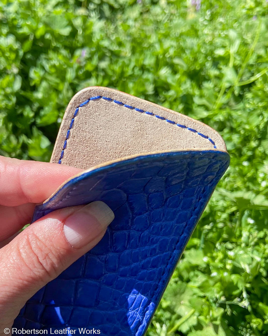 Large Blue Alligator Leather Knife Slip, Blue Stitching 2