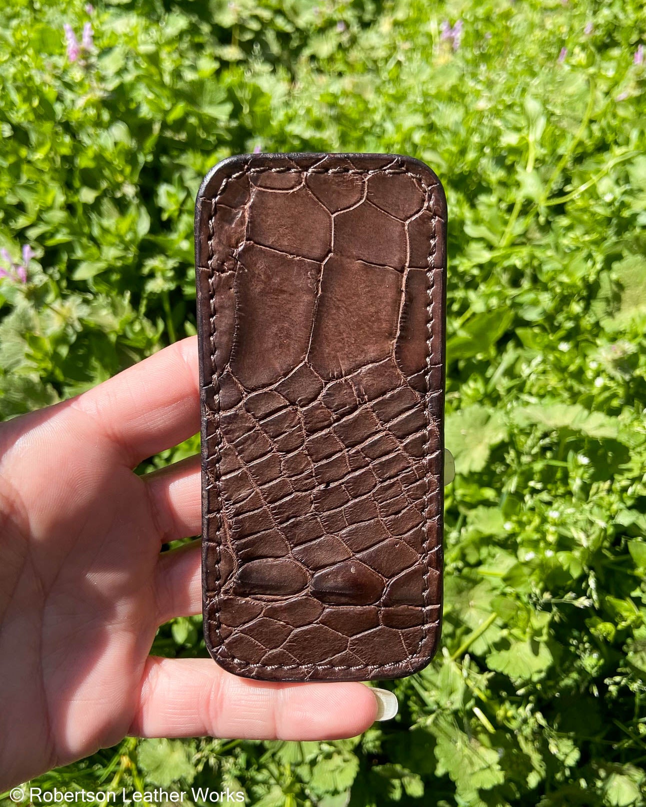 Medium Brown Alligator Leather Knife Slip, Brown Stitching