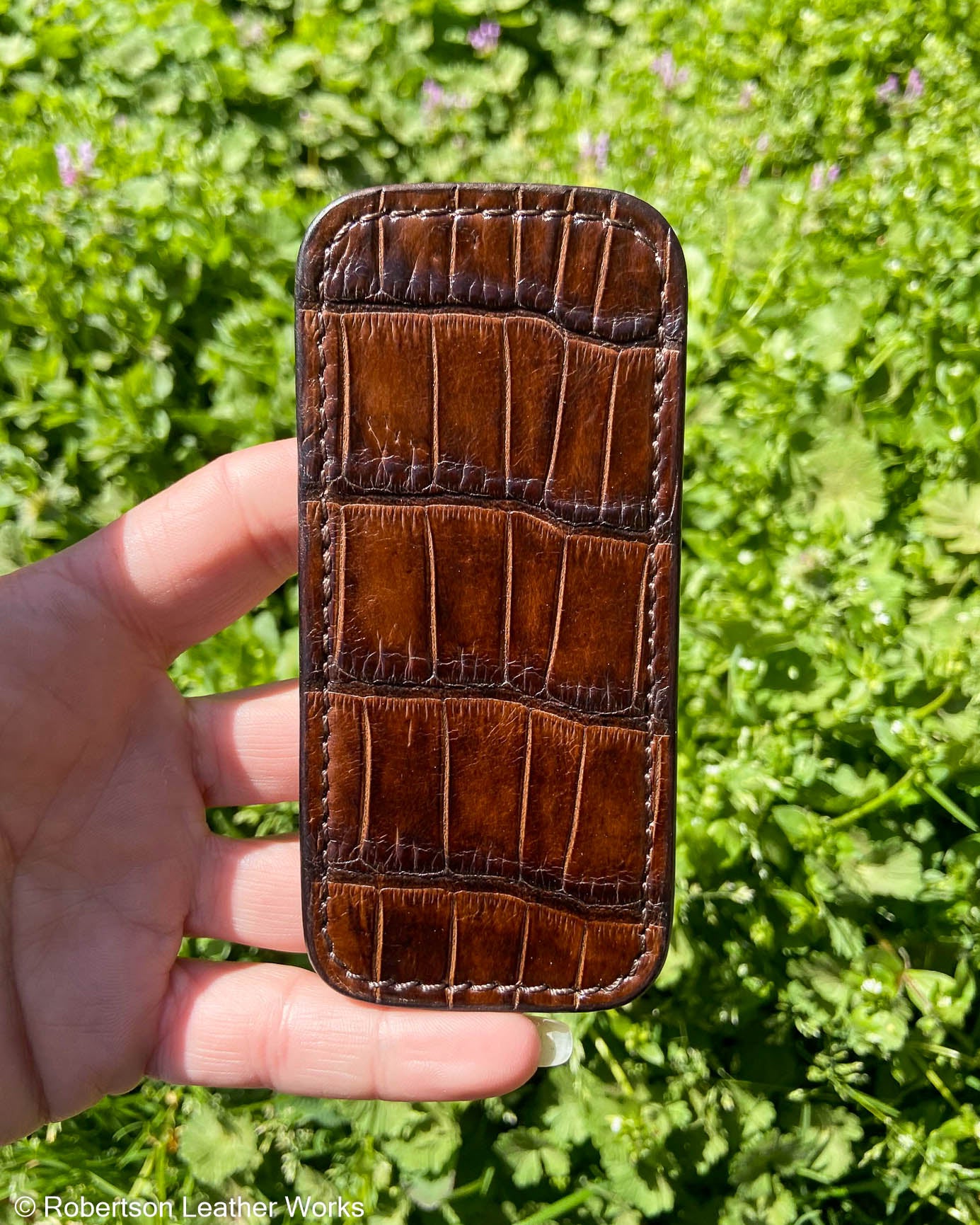 Medium Antique Brown Alligator Leather Knife Slip, Brown Stitching
