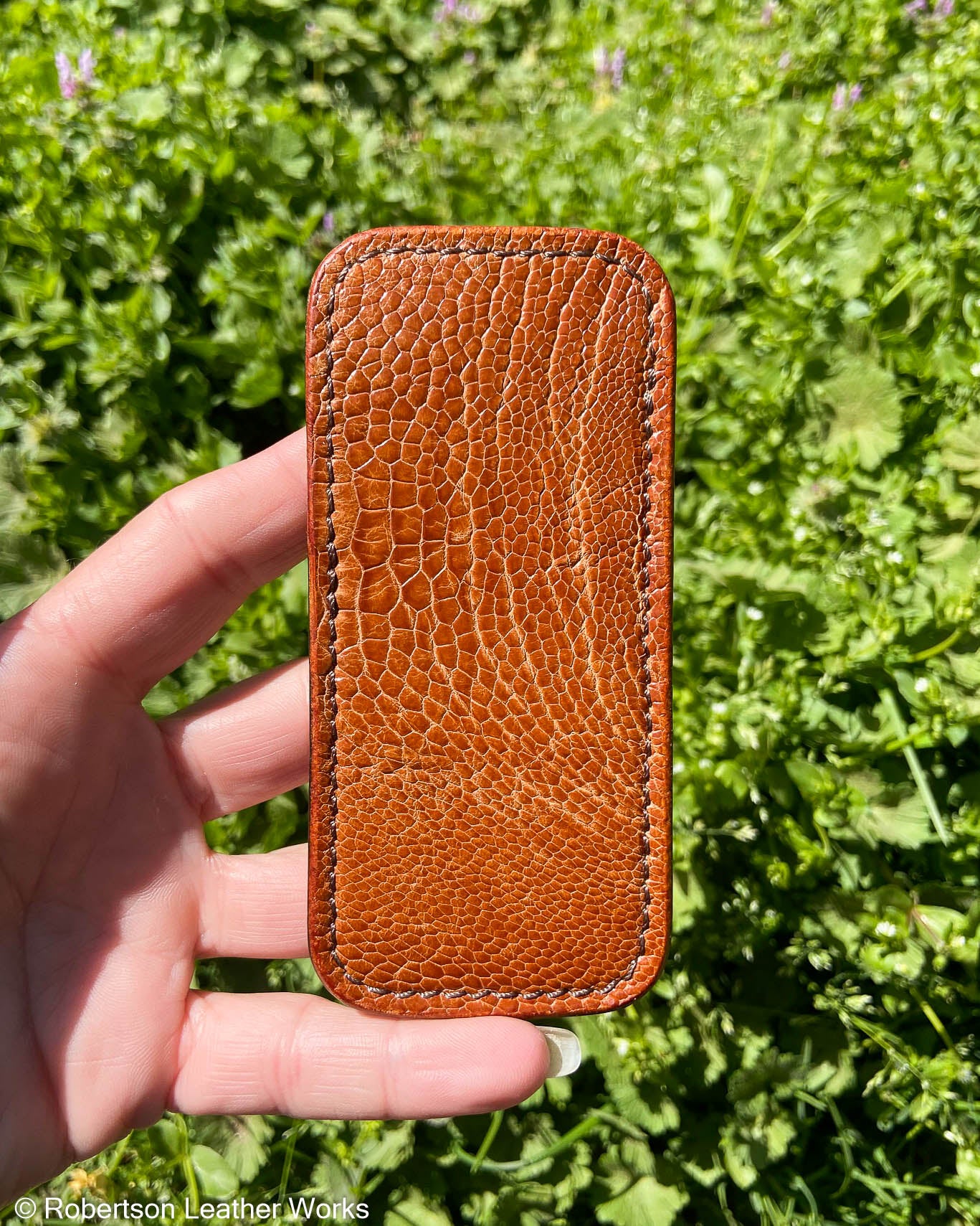 Medium Whiskey Ostrich Knee Leather Knife Slip, Brown Stitching