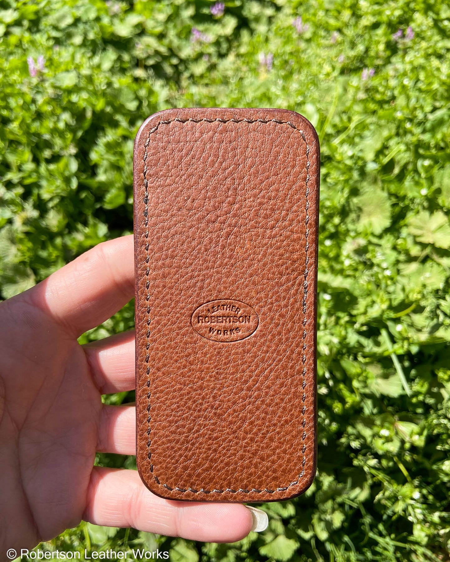 Medium Whiskey Ostrich Knee Leather Knife Slip, Brown Stitching