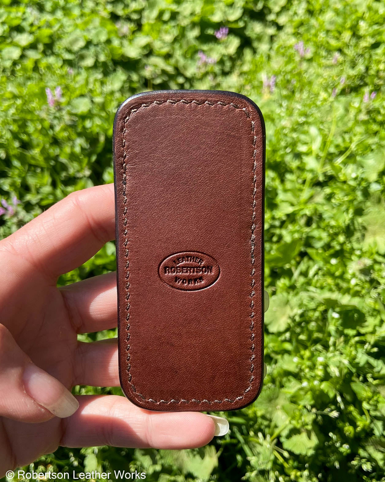 Small Dark Brown Shark Leather Knife Slip, Brown Stitching 2
