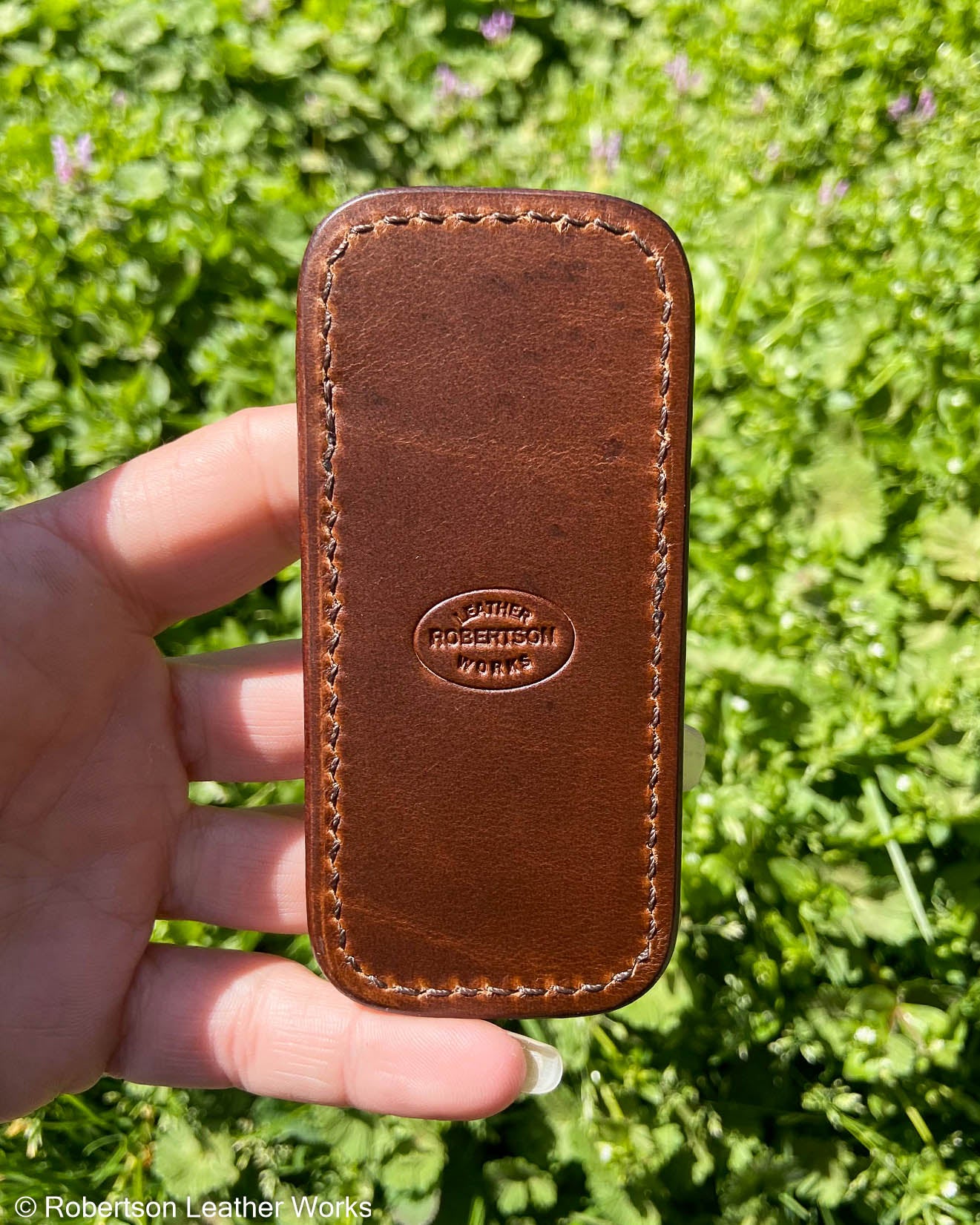 Small Natural Ring Lizard Leather Knife Slip, Brown Stitching