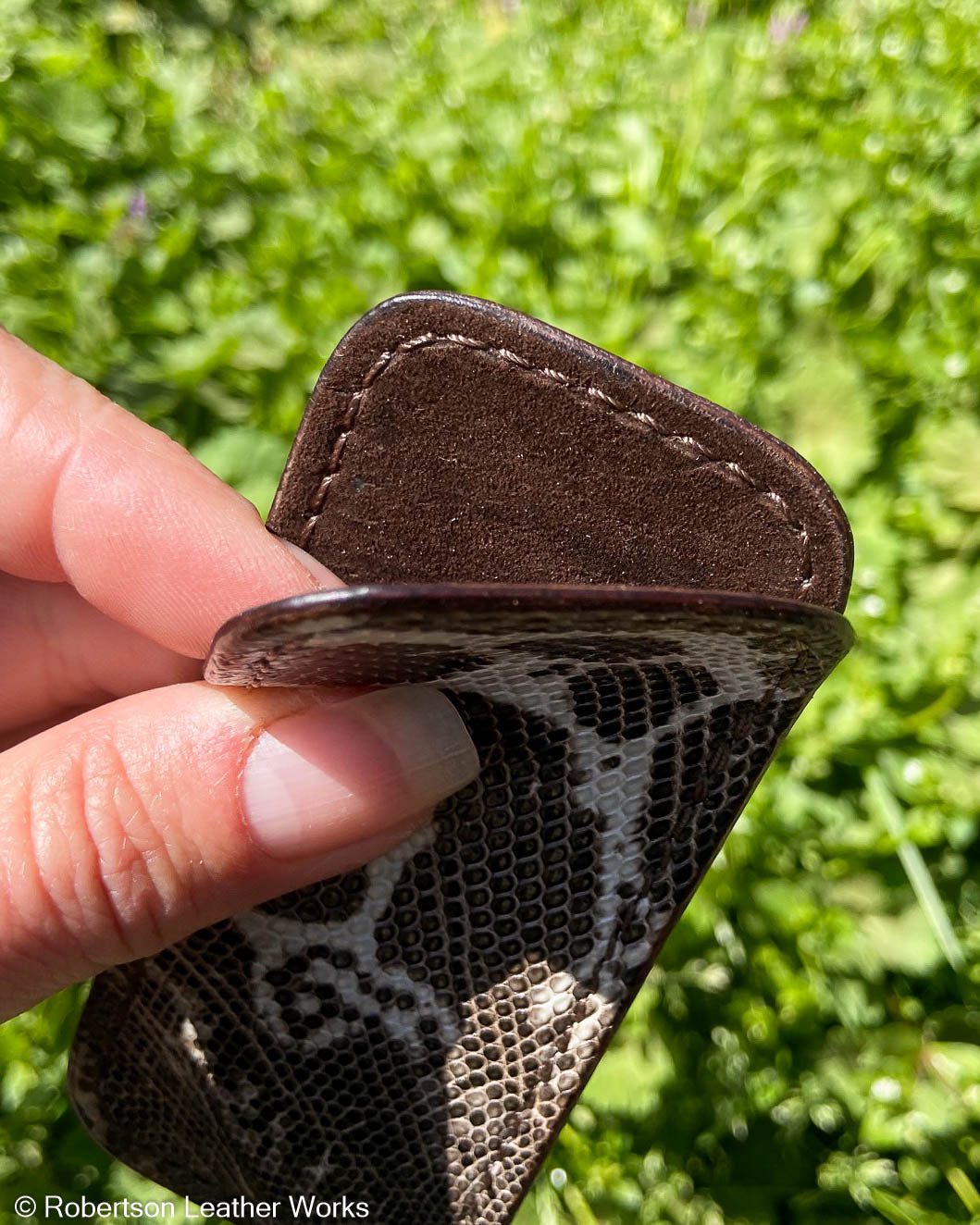 Small Natural Ring Lizard Leather Knife Slip, Brown Stitching
