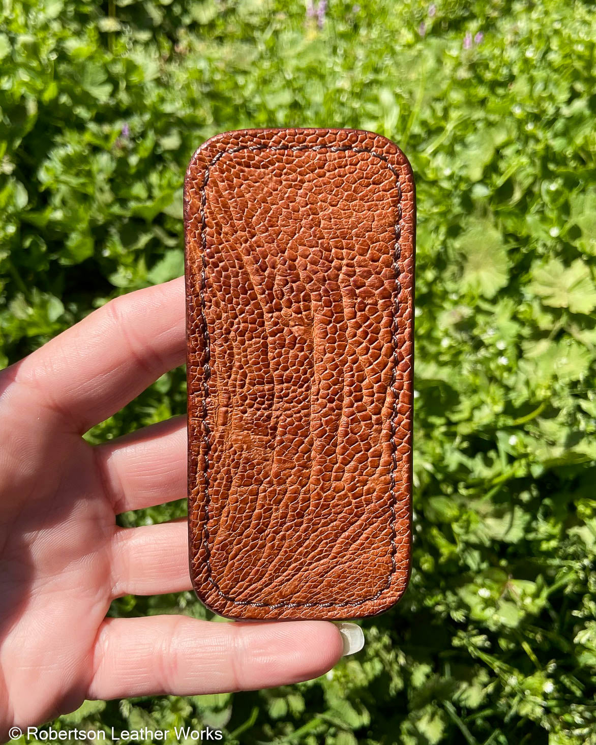 Small Saddle Ostrich Knee Leather Knife Slip, Brown Stitching