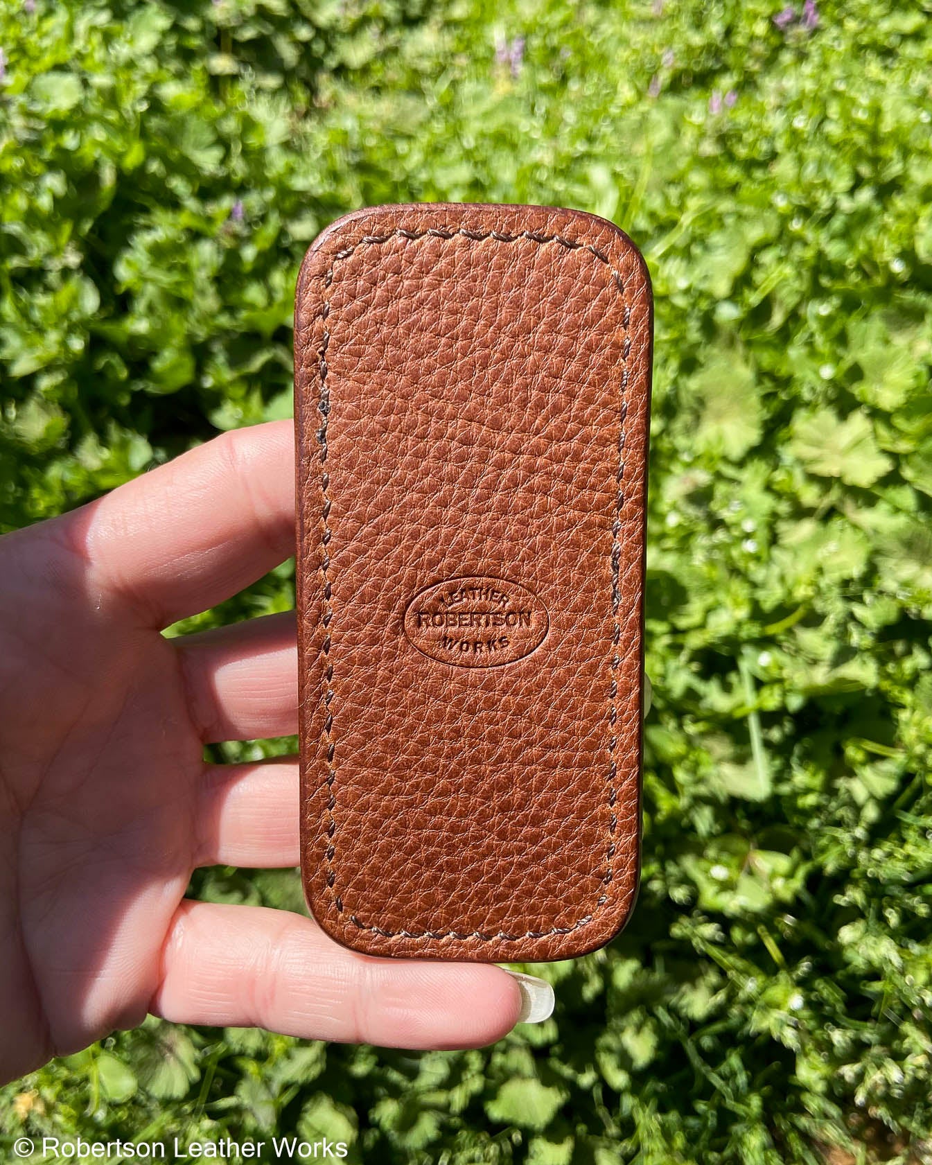 Small Saddle Ostrich Knee Leather Knife Slip, Brown Stitching
