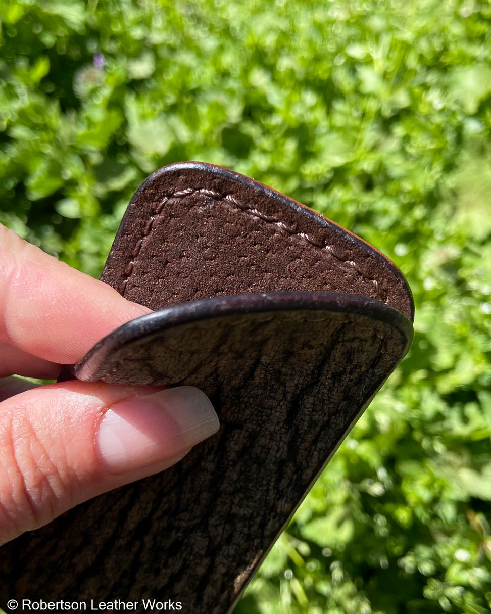 Small Antique Saddle Wildebeest Leather Knife Slip, Brown Stitching