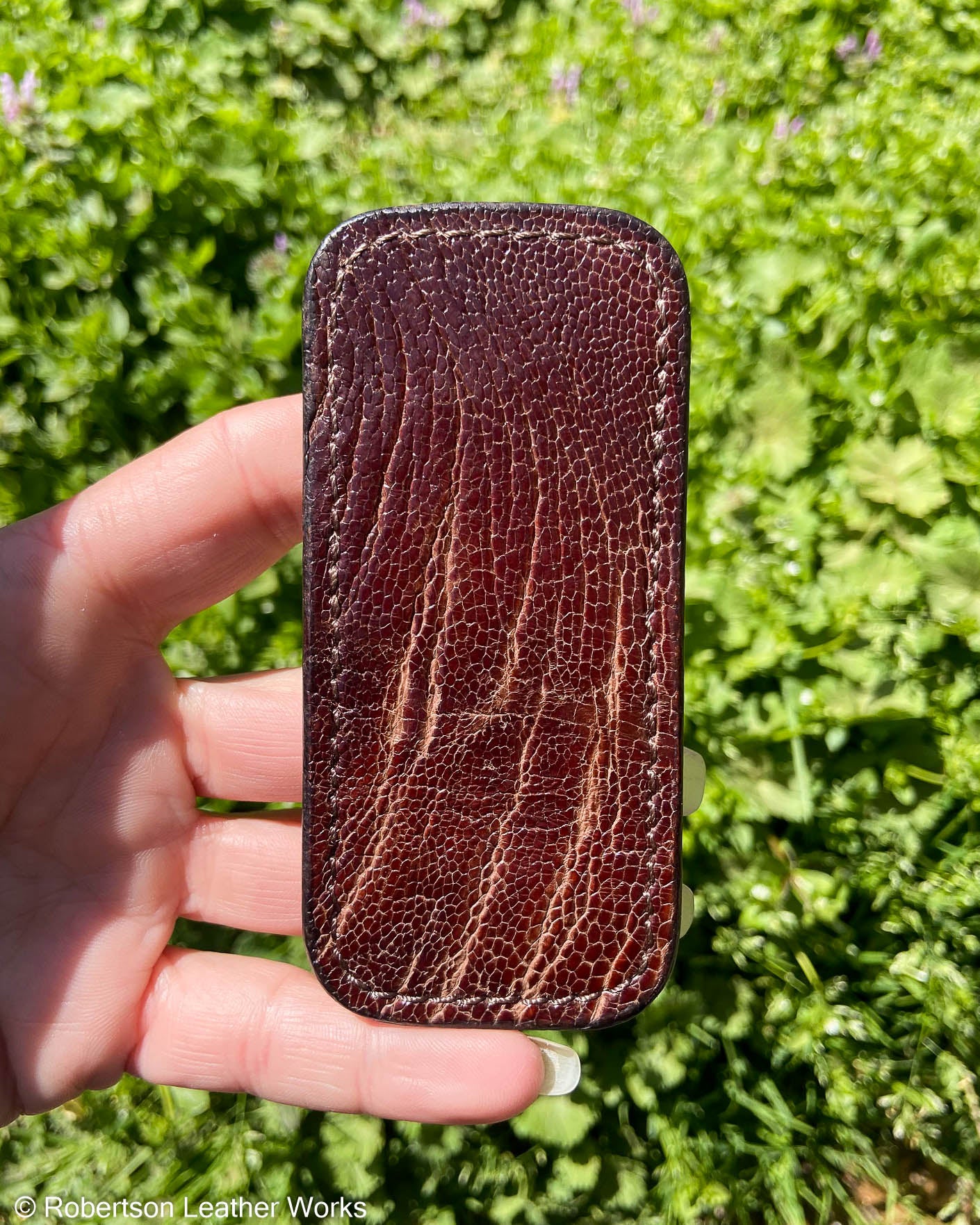 Small Brown Ostrich Knee Leather Knife Slip, Brown Stitching