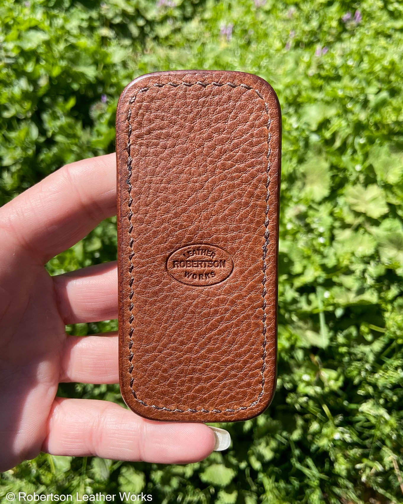 Small Brown Ostrich Knee Leather Knife Slip, Brown Stitching