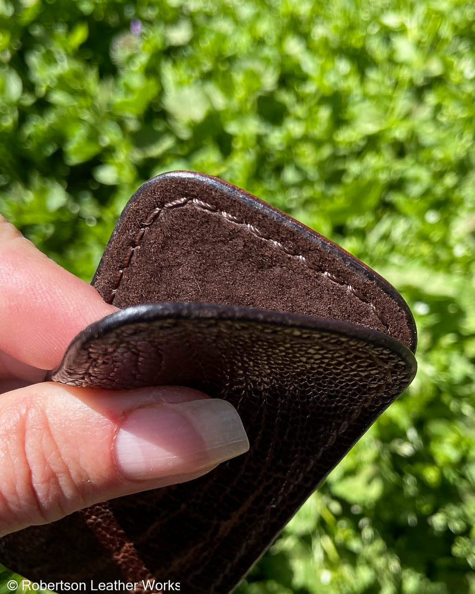 Small Brown Ostrich Knee Leather Knife Slip, Brown Stitching