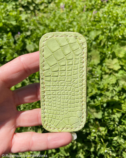 Micro Light Green Alligator Leather Knife Slip, Cream Stitching