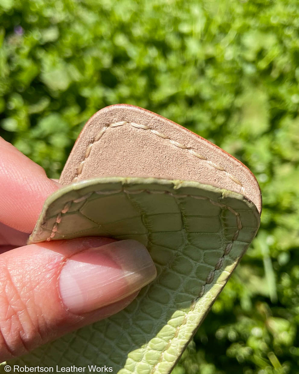 Micro Light Green Alligator Leather Knife Slip, Cream Stitching