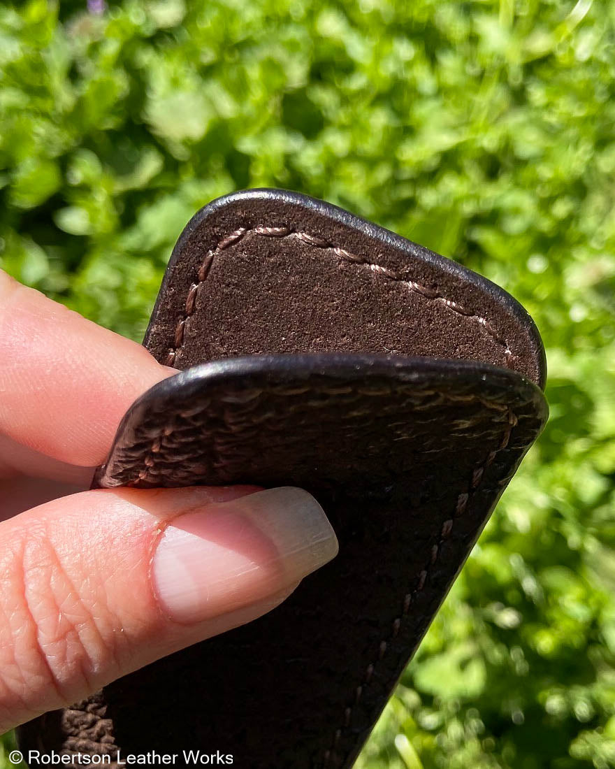 Micro Dark Brown Shark Leather Knife Slip, Brown Stitching 3