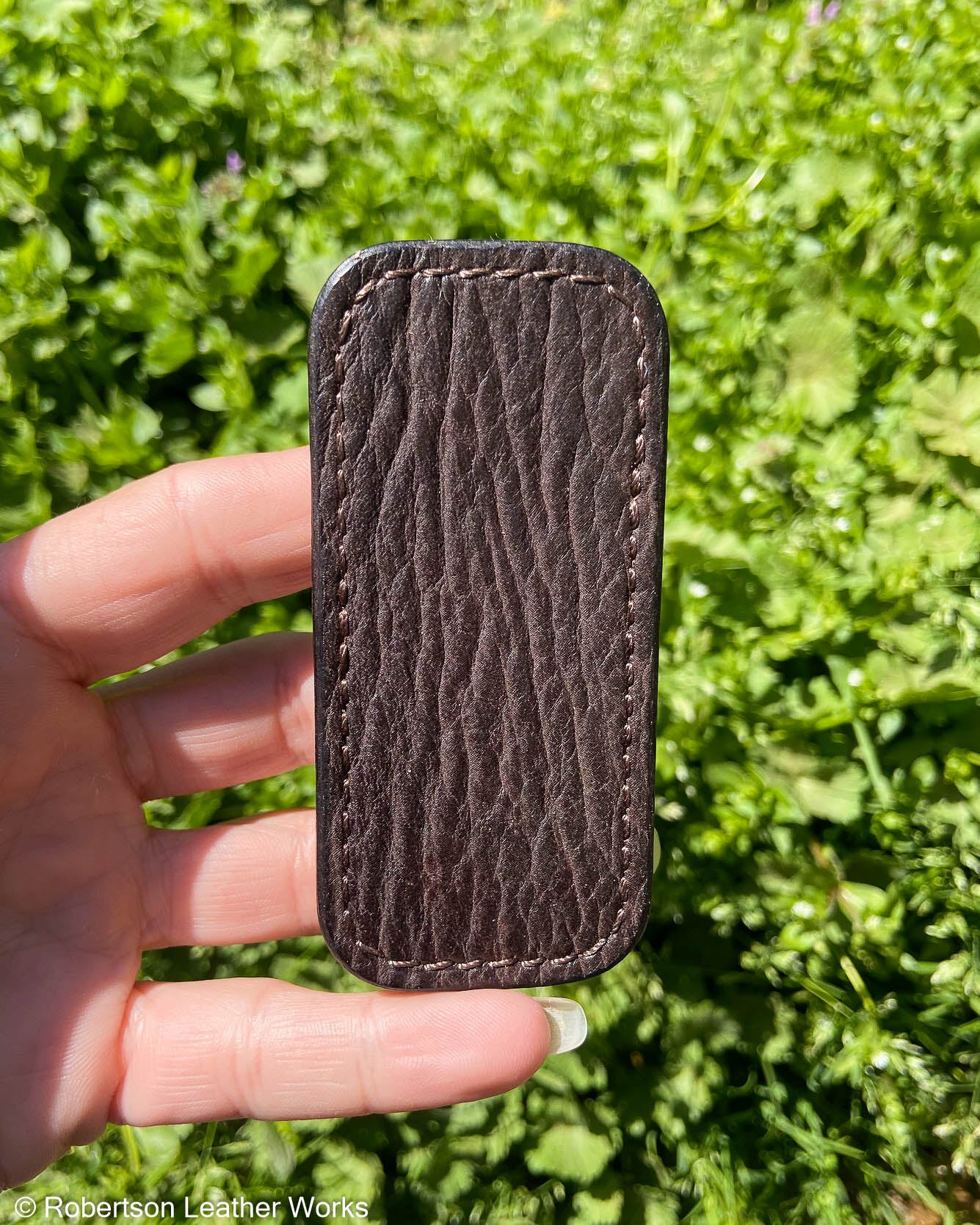 Micro Dark Brown Shark Leather Knife Slip, Brown Stitching 1