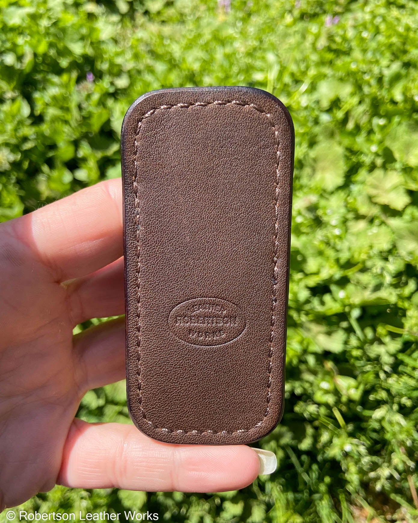 Micro Dark Brown Shark Leather Knife Slip, Brown Stitching 1