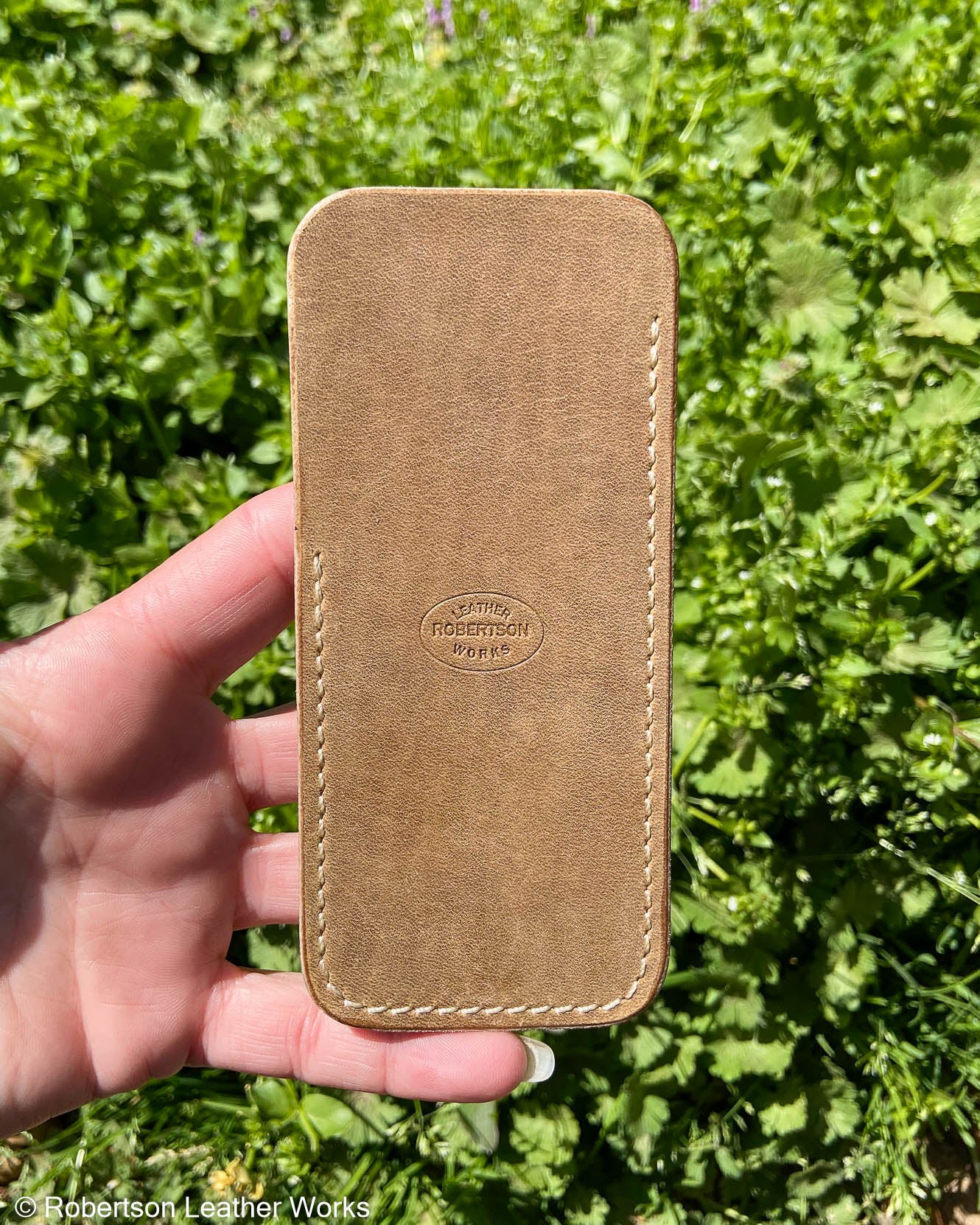 Large Olive-Tan Oil Tan Leather Knife Slip, Cream Stitching