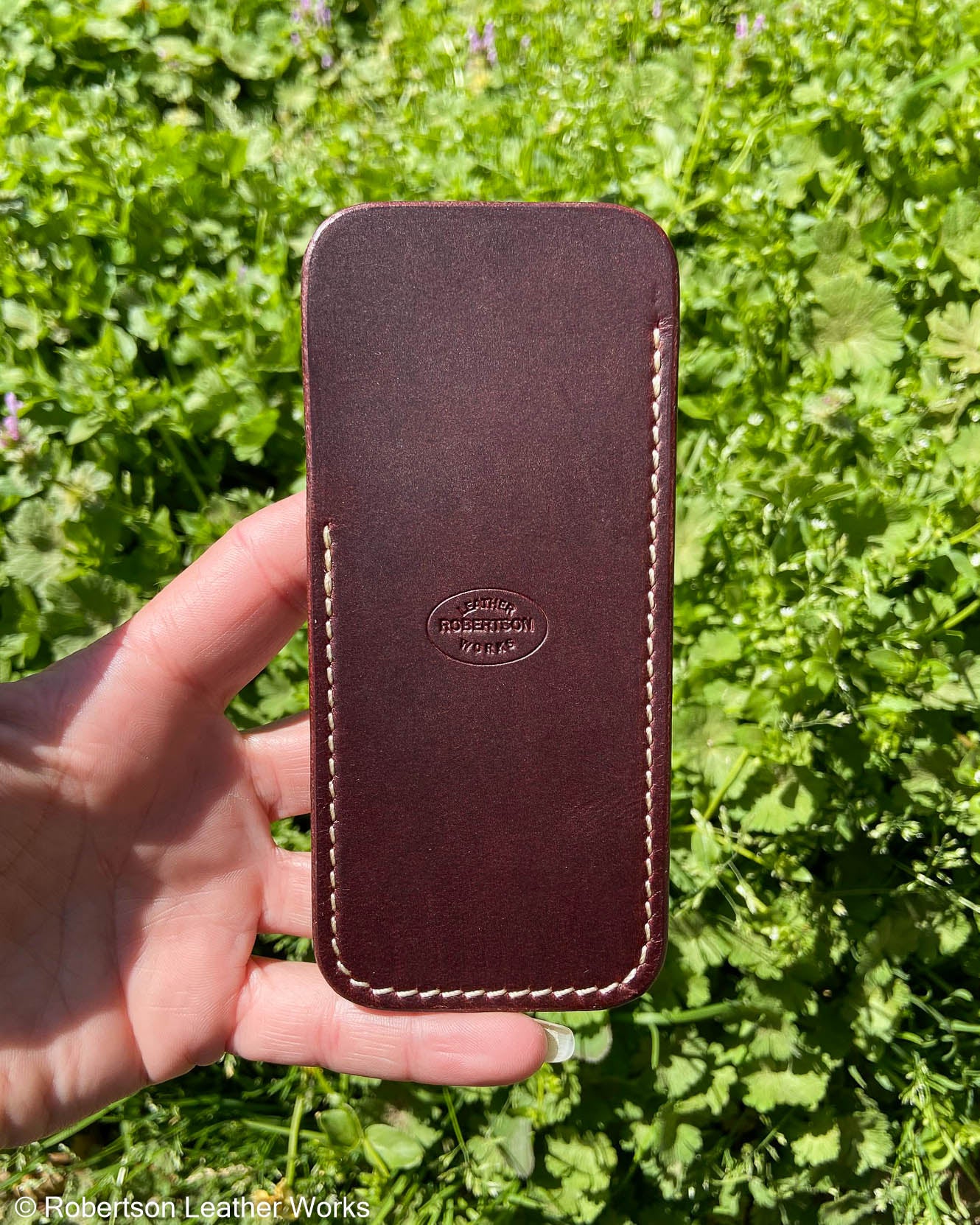 Large Maroon Oxford Leather Knife Slip, Cream Stitching