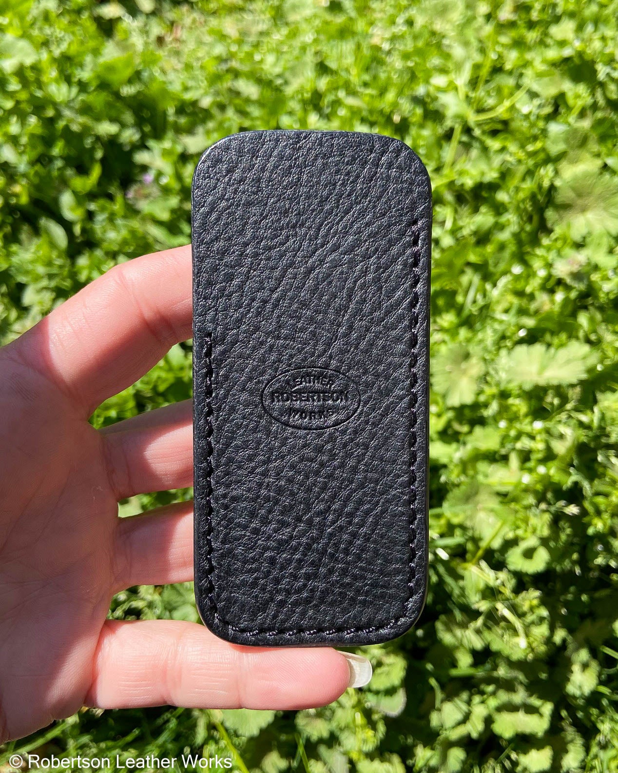 Small Black Minerva Box Leather Knife Slip, Black Stitching