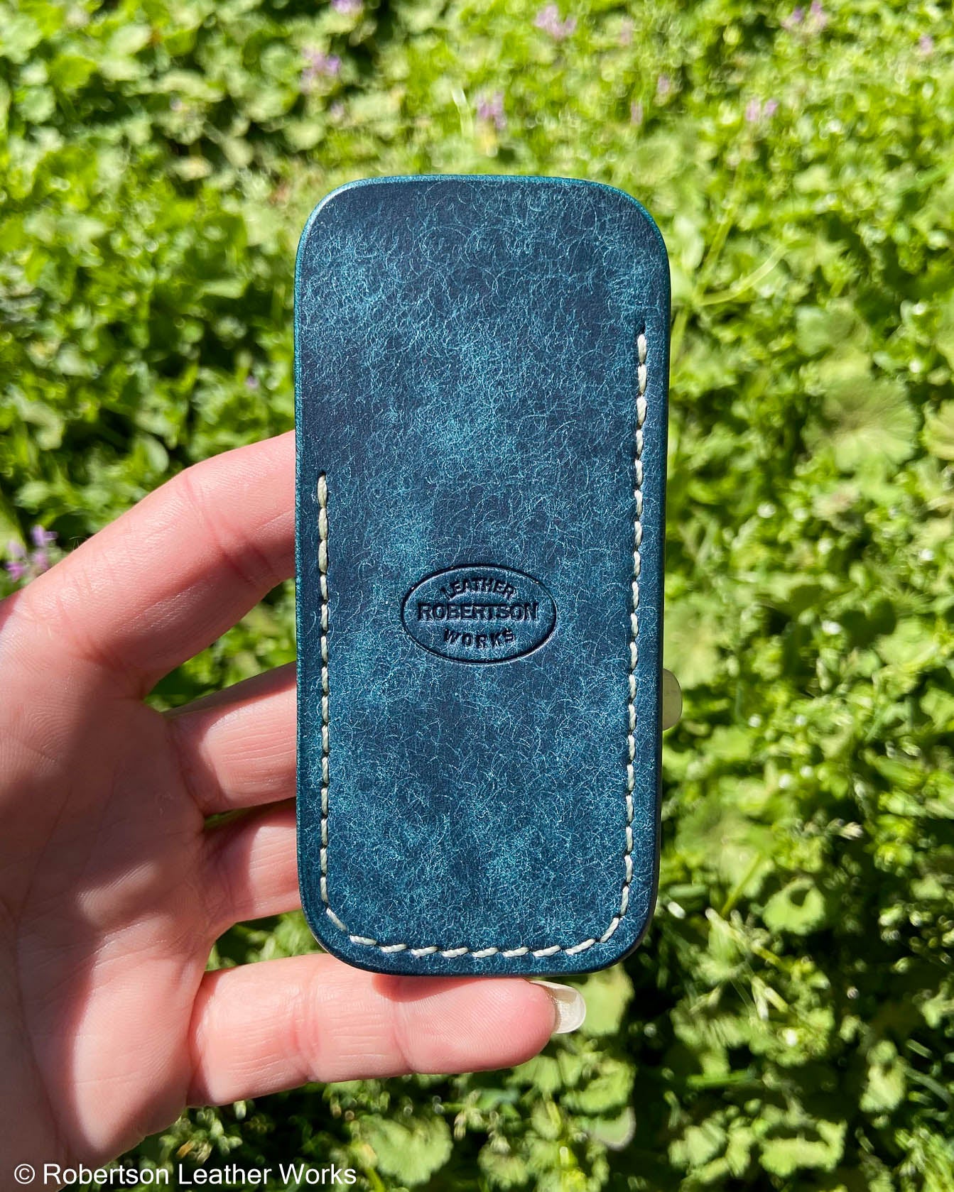 Small Sapphire Pueblo Leather Knife Slip, Cream Stitching