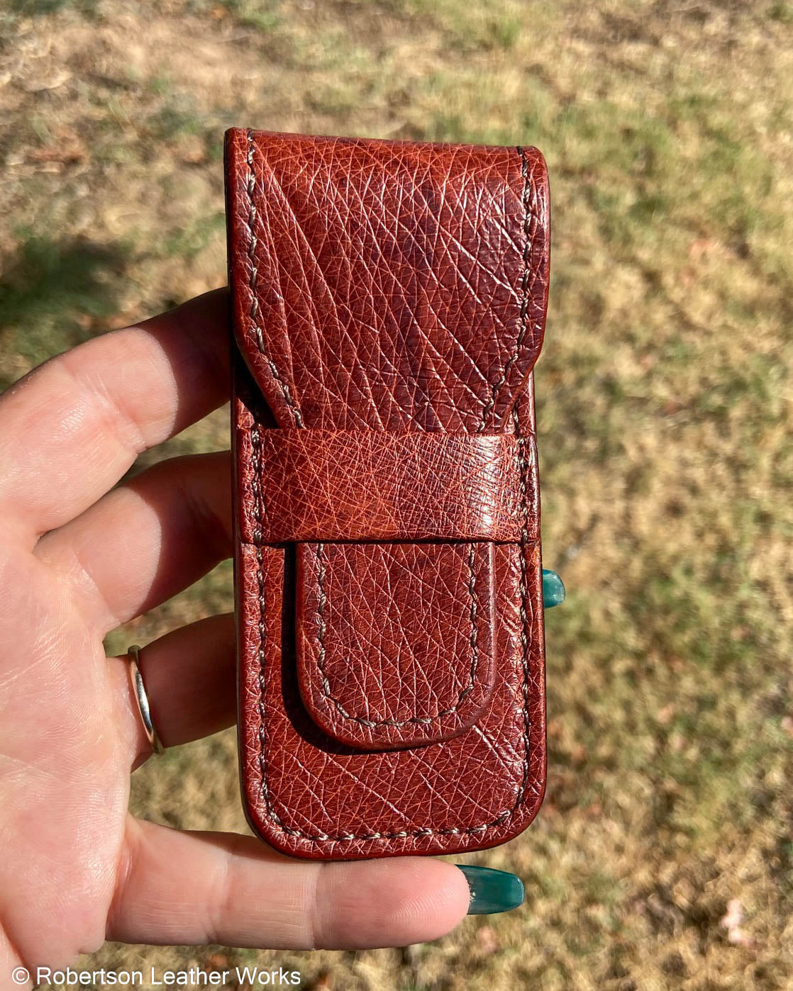 Small Cognac Ostrich Leather Premium Knife Slip, Brown Stitching