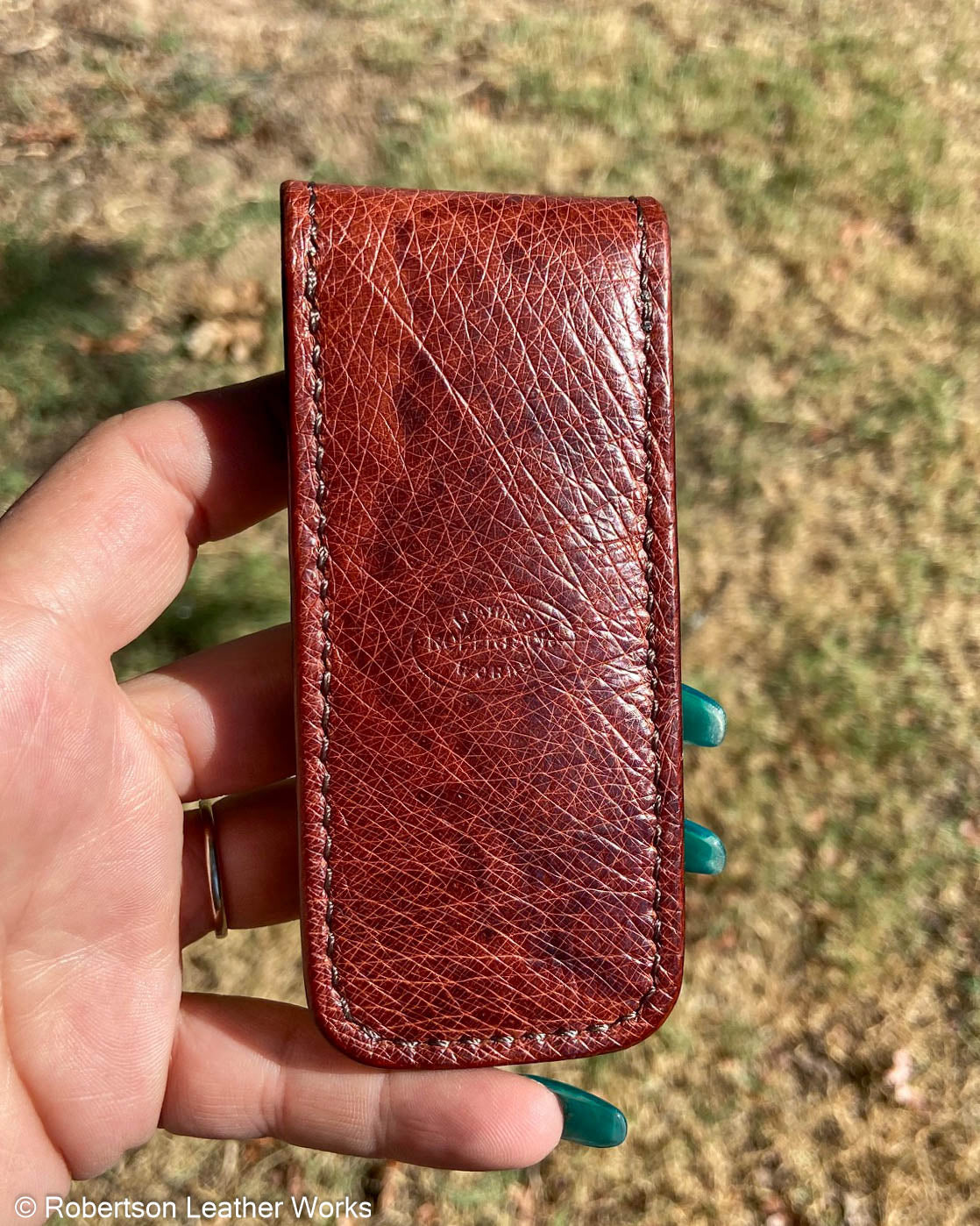 Small Cognac Ostrich Leather Premium Knife Slip, Brown Stitching