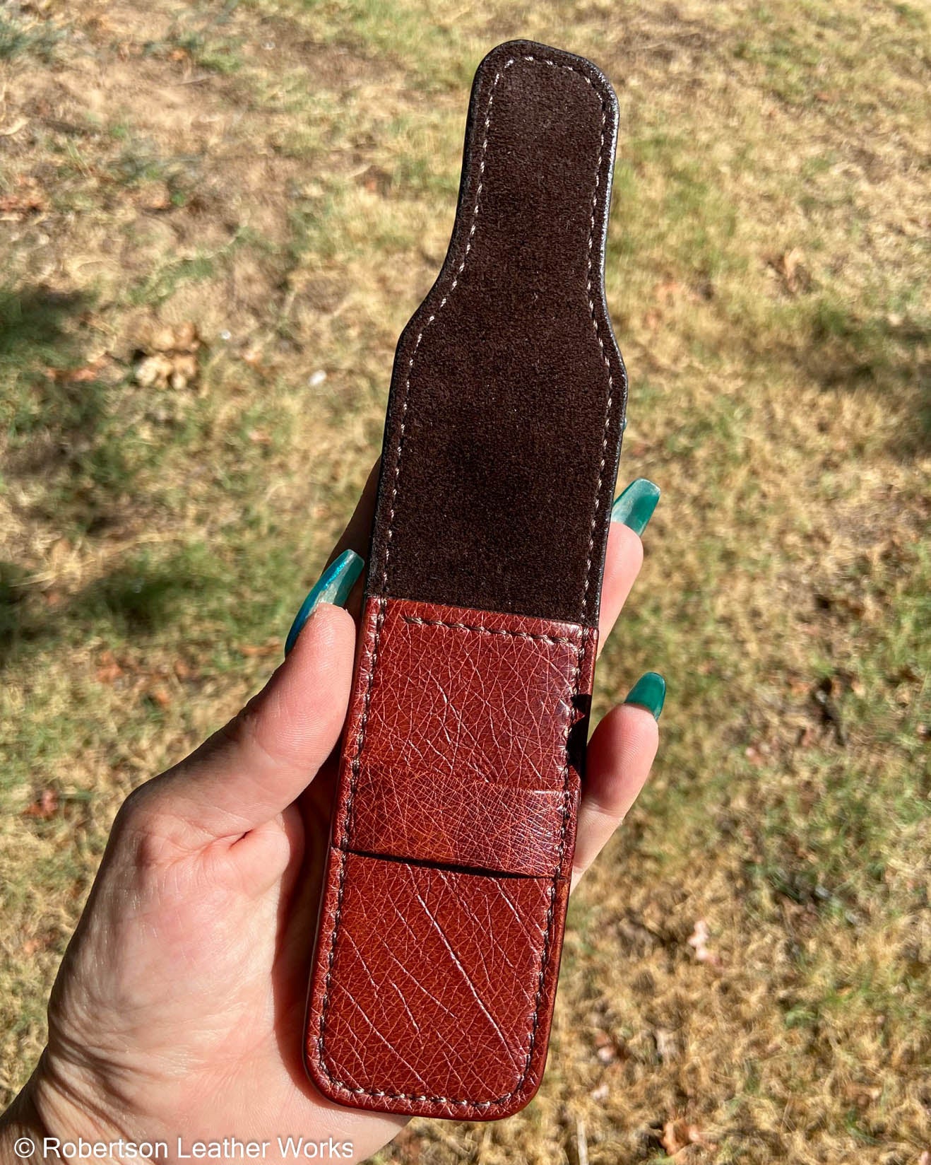 Small Cognac Ostrich Leather Premium Knife Slip, Brown Stitching