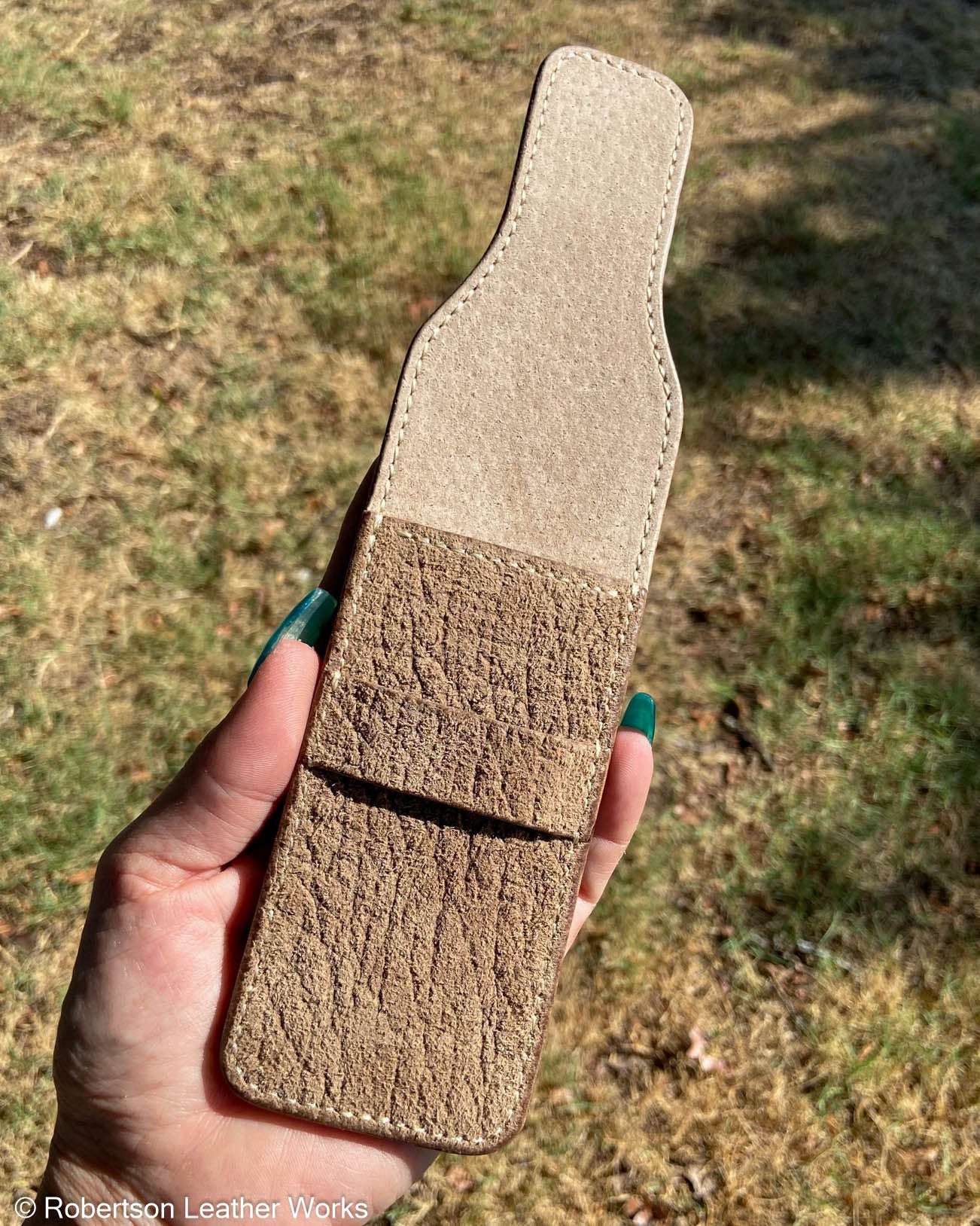 Large Olive-Tan Hippo Leather Premium Knife Slip, Cream Stitching