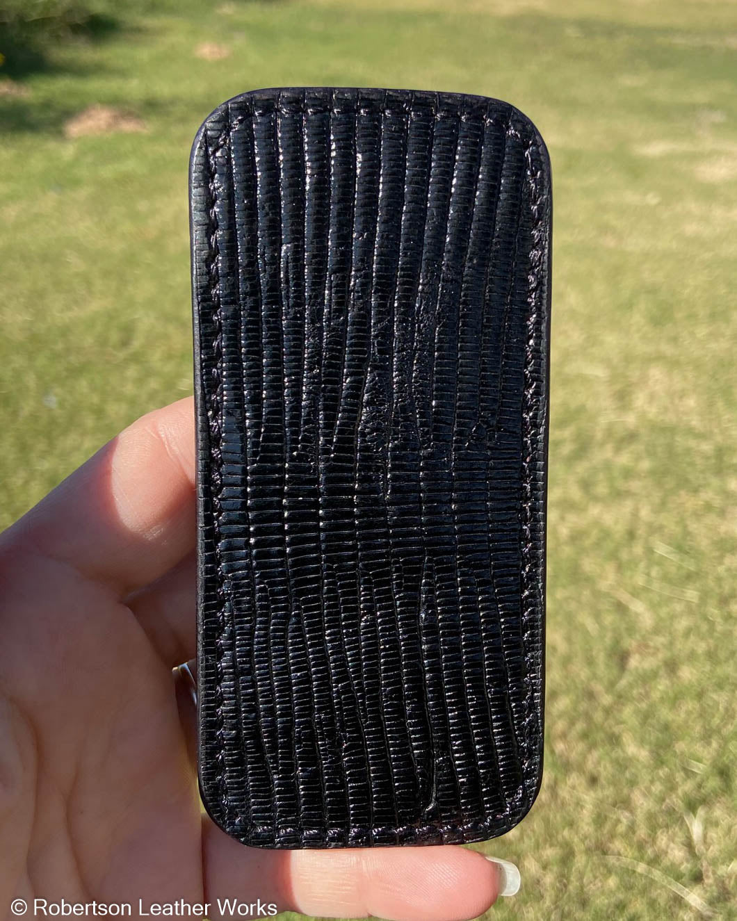 Medium Black Lizard Leather Knife Slip, Black Stitching