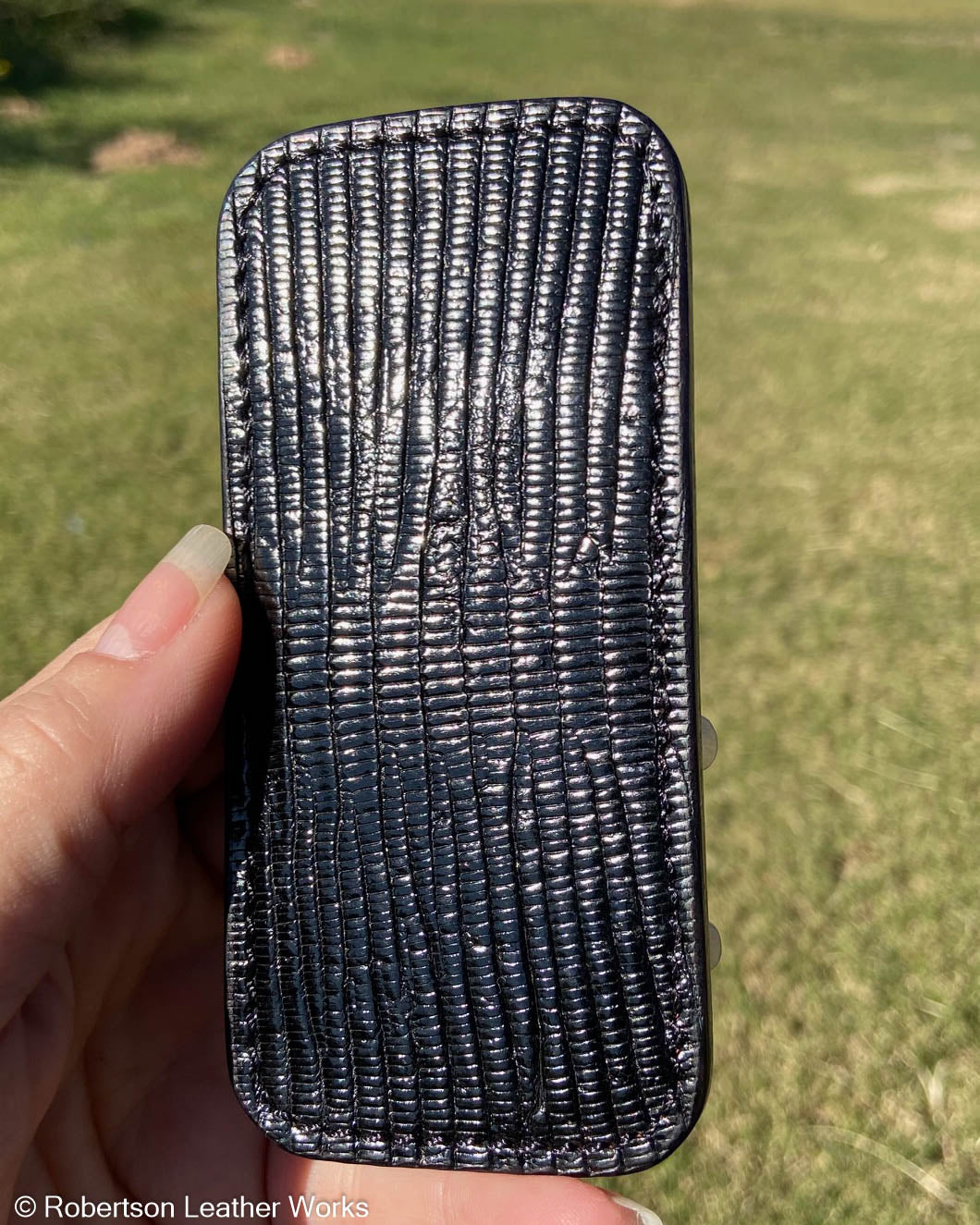 Medium Black Lizard Leather Knife Slip, Black Stitching