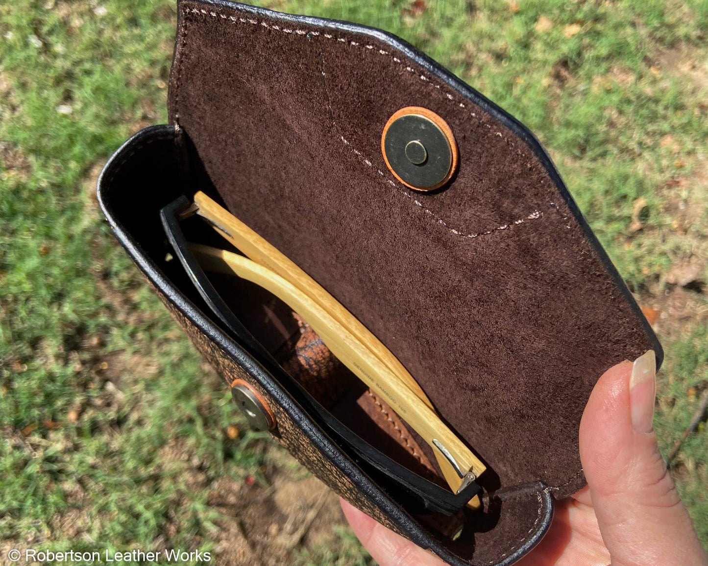 Safari Cognac Cape Buffalo Sunglasses Case, Lined in Brown Suede