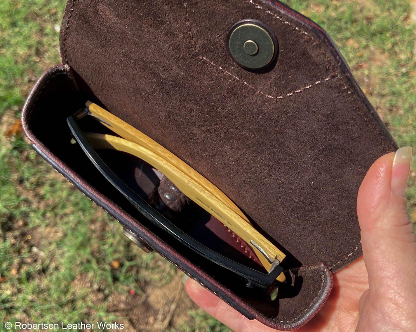 Dark Brown Shark Sunglasses Case, Lined in Brown Suede
