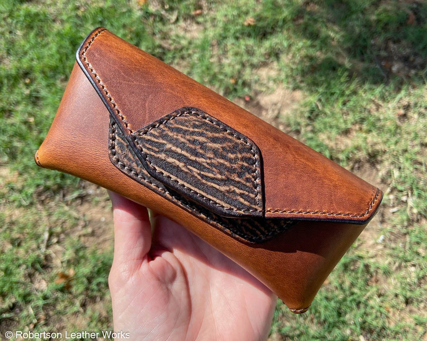 Safari Tan Shark Sunglasses Case, Lined in Brown Suede