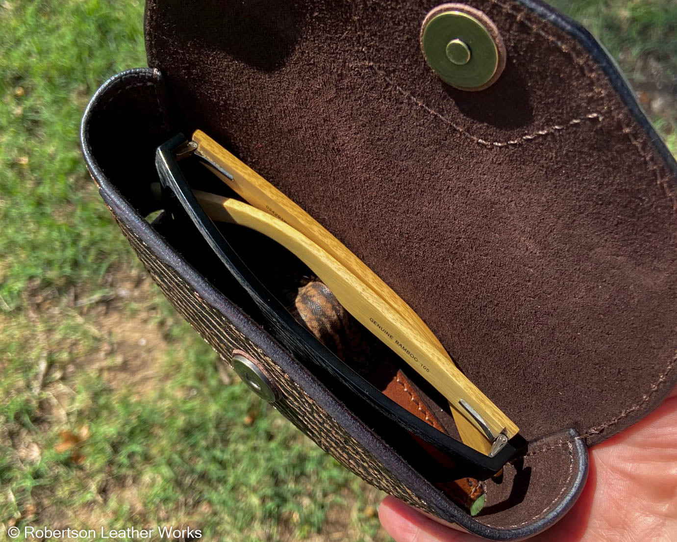 Safari Tan Shark Sunglasses Case, Lined in Brown Suede