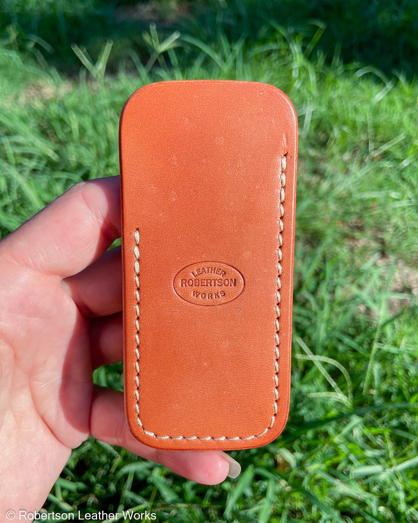 Small Patina Veg Tan Leather Knife Slip, Cream Stitching