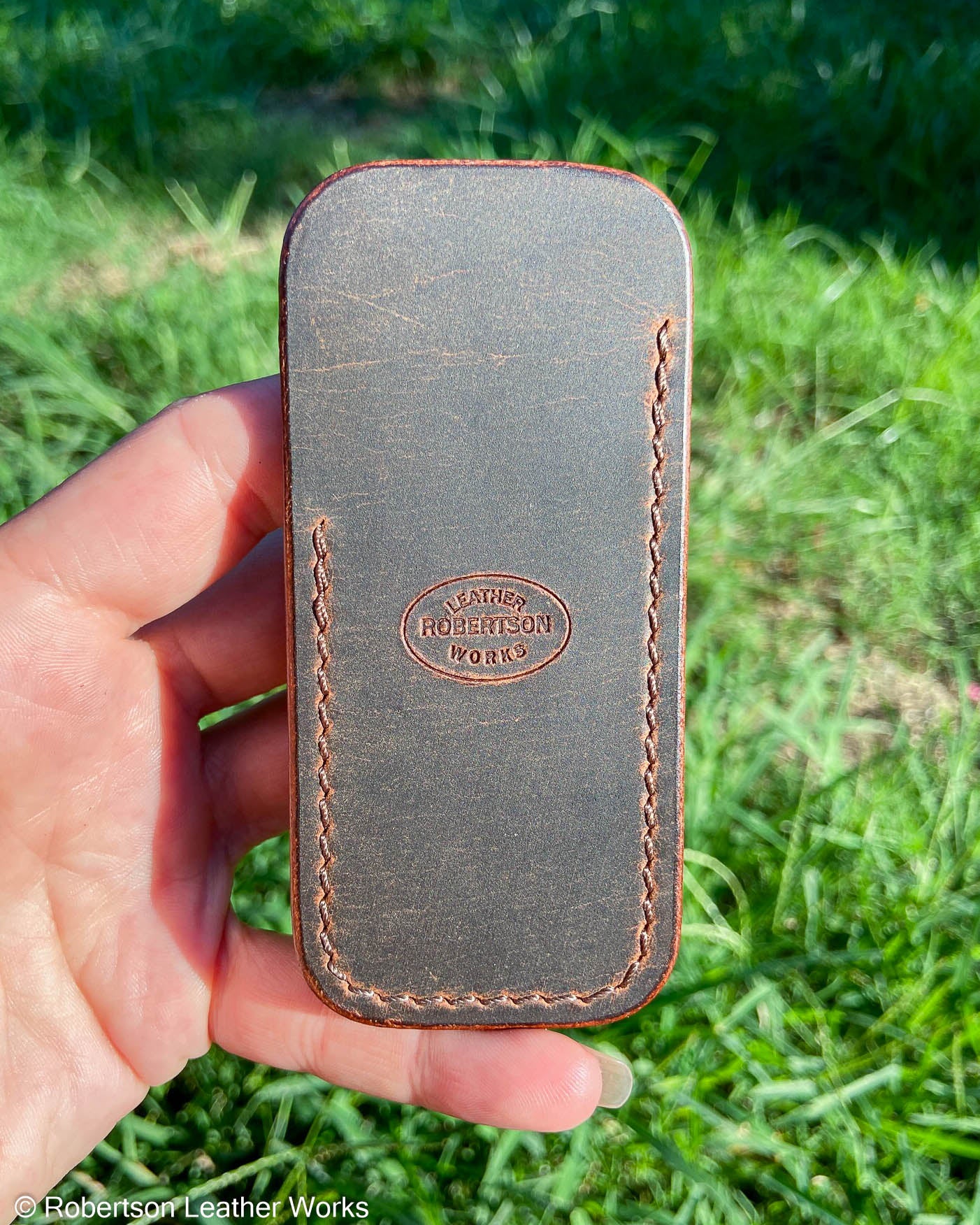 Small Dark Brown Water Buffalo Leather Knife Slip, Brown Stitching