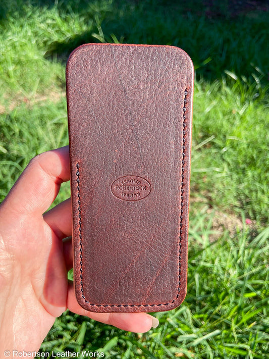 Large Red-Brown Oil Tan Leather Knife Slip, Black Stitching