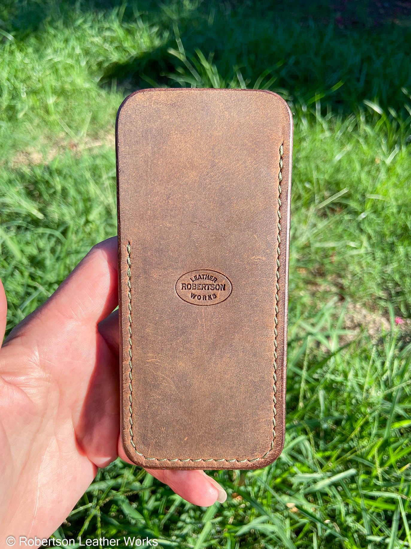 Large Brown Oil Tan Leather Knife Slip, OD Green Stitching