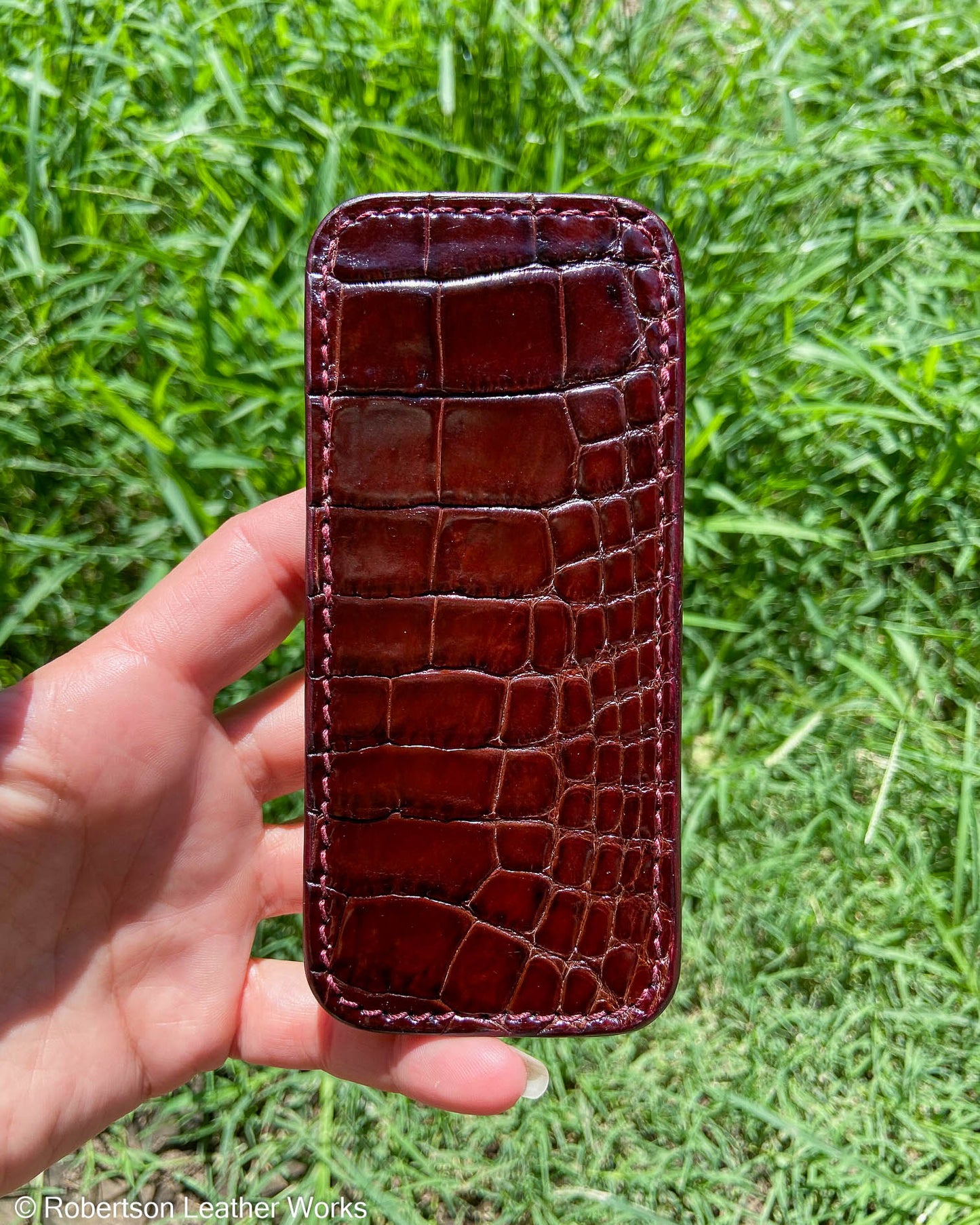 Large Maroon Alligator Leather Knife Slip, Maroon Stitching