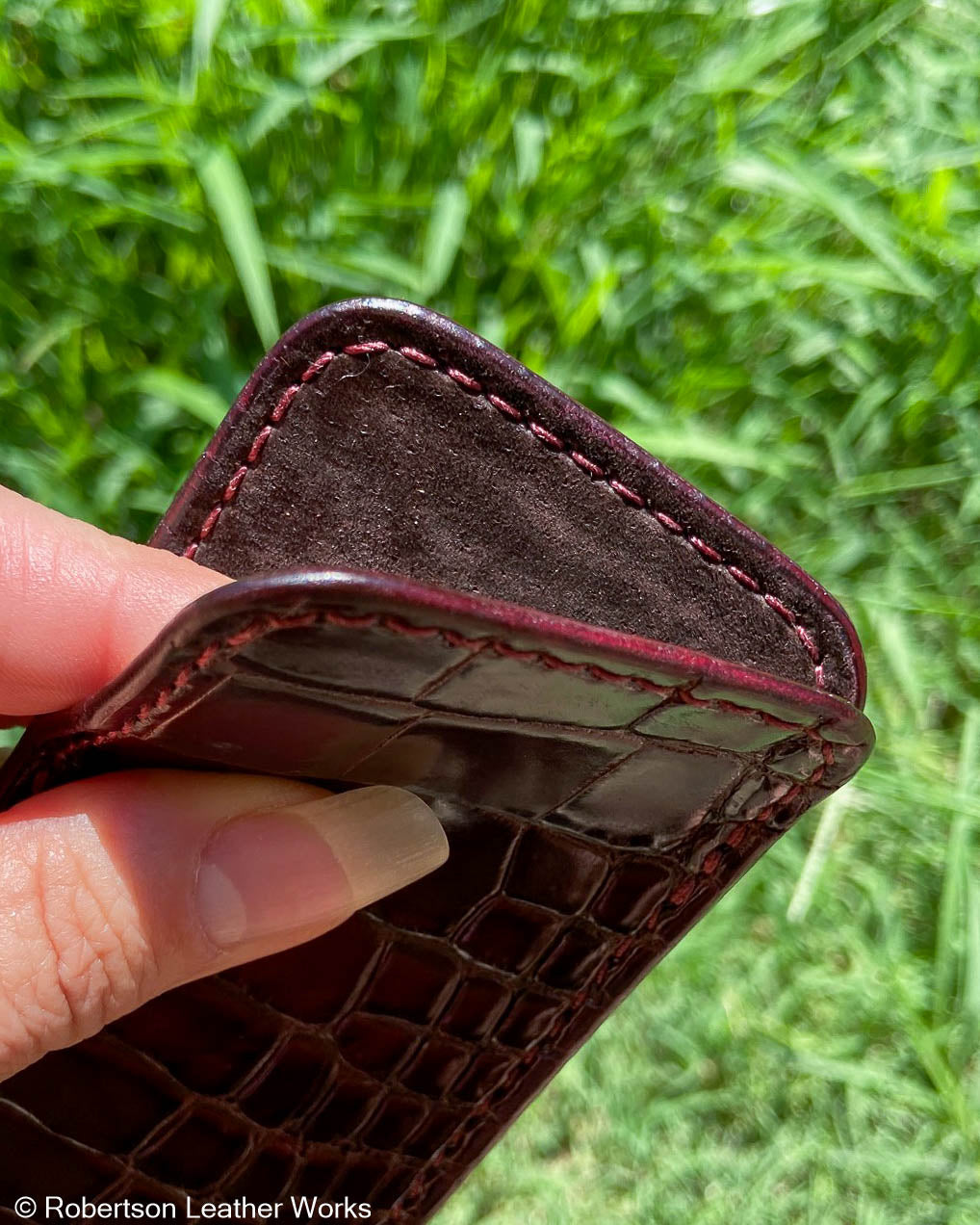 Large Maroon Alligator Leather Knife Slip, Maroon Stitching