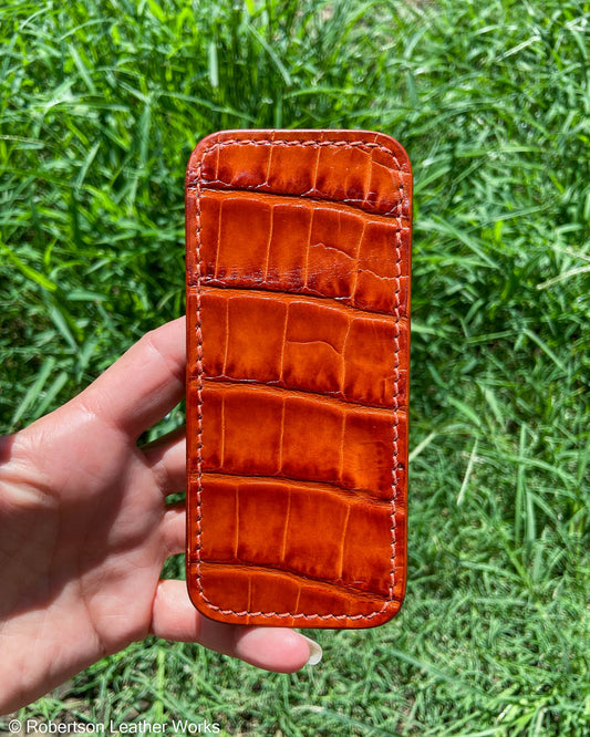 Large Sienna Alligator Leather Knife Slip, Tangerine Stitching