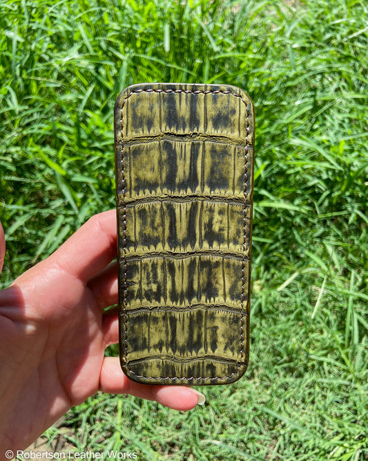 Large Green Safari Alligator Leather Knife Slip, Brown Stitching