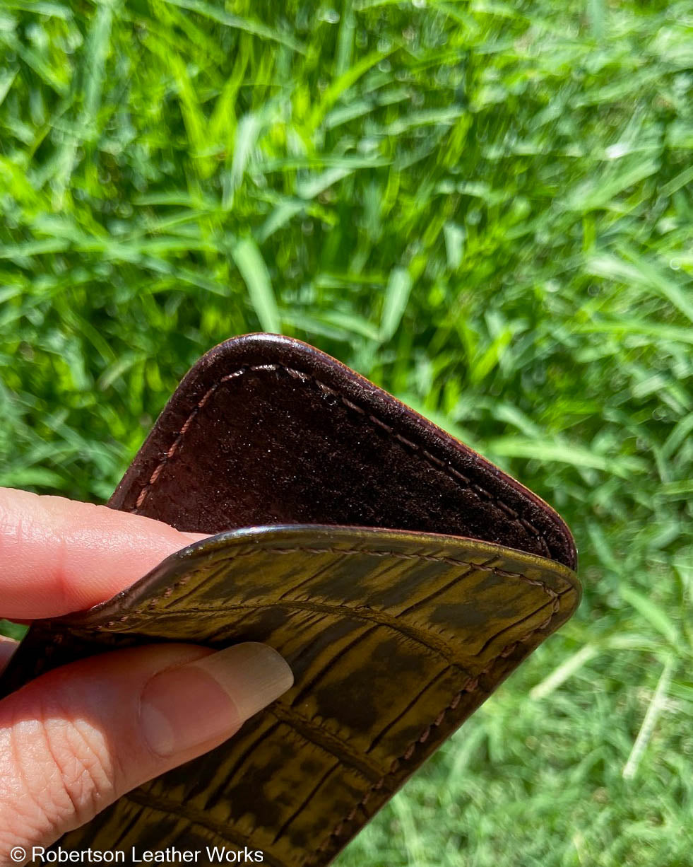 Large Green Safari Alligator Leather Knife Slip, Brown Stitching