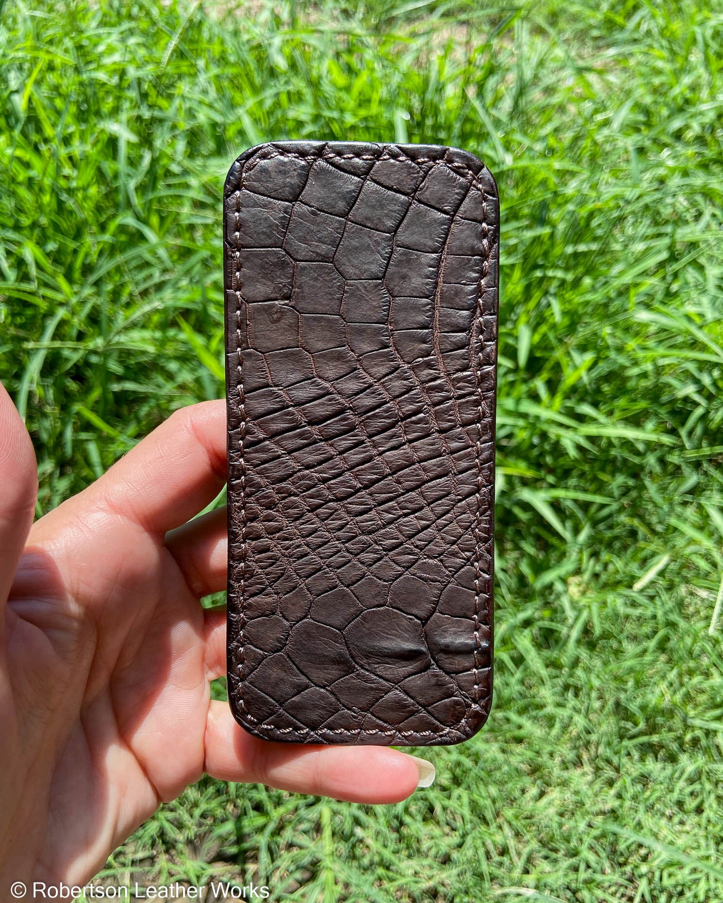Large Dark Brown Alligator Leather Knife Slip, Brown Stitching