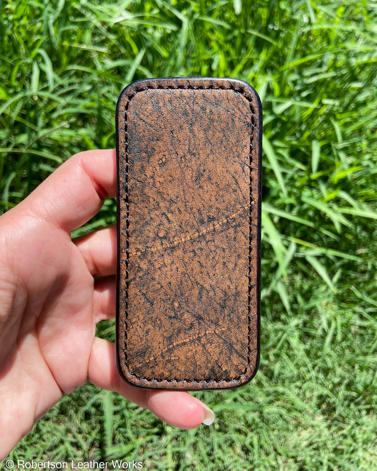 Schmedium Cognac Safari Giraffe Leather Knife Slip, Black Stitching