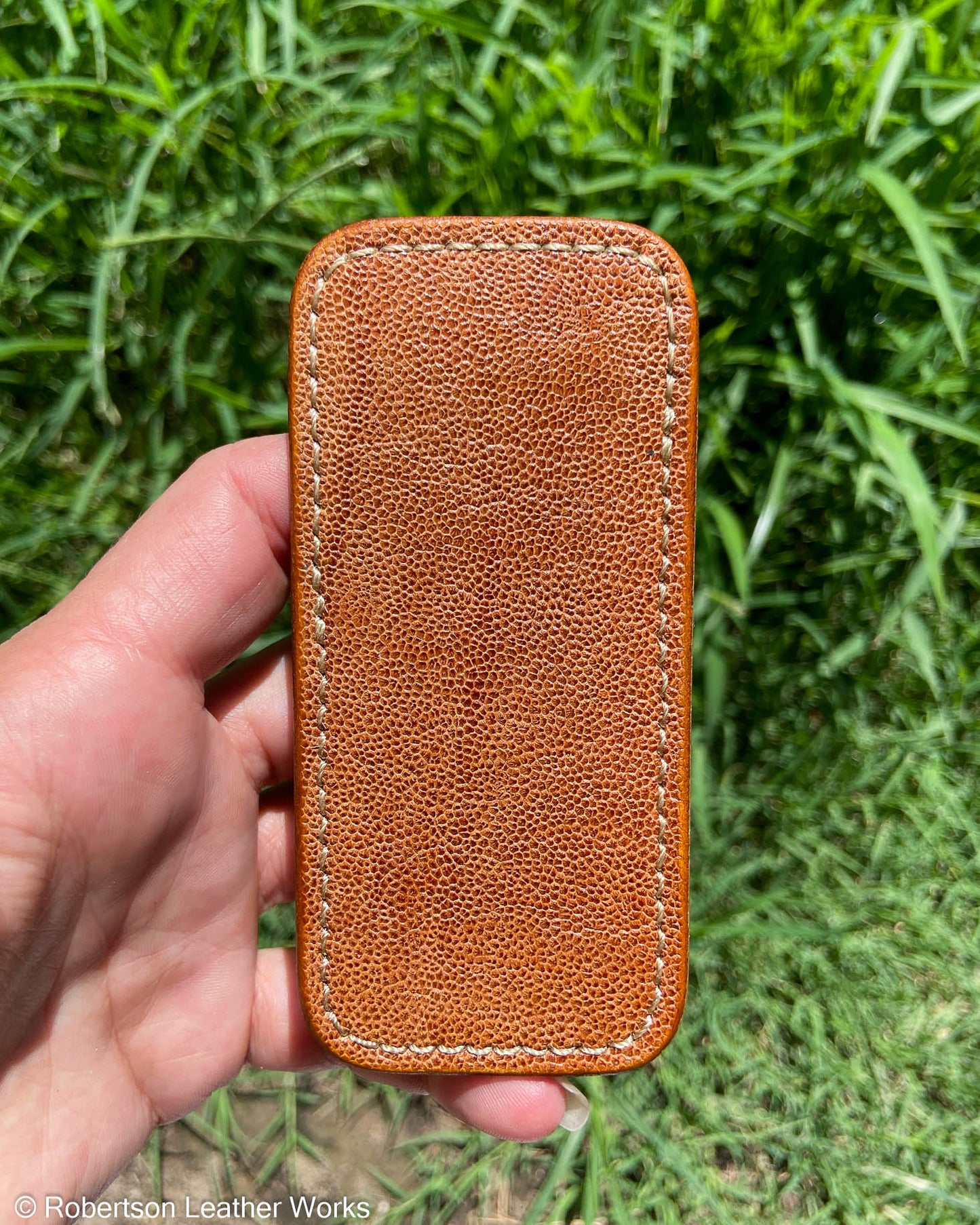 Schmedium Glazed Whiskey Elephant Leather Knife Slip, Cream Stitching