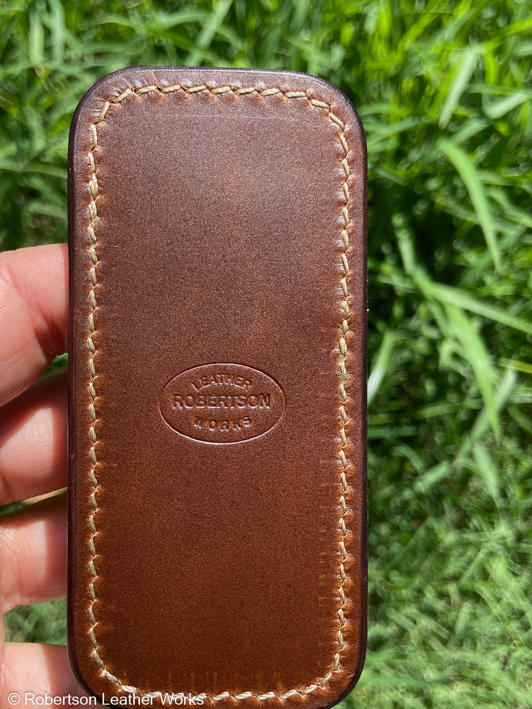 Small Antique Peat Elephant Leather Knife Slip, Cream Stitching