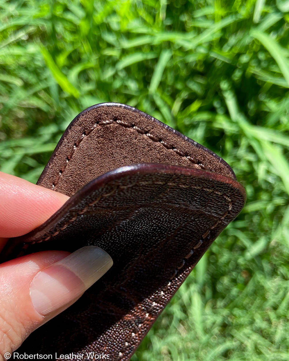 Small Chocolate Elephant Leather Knife Slip, Brown Stitching