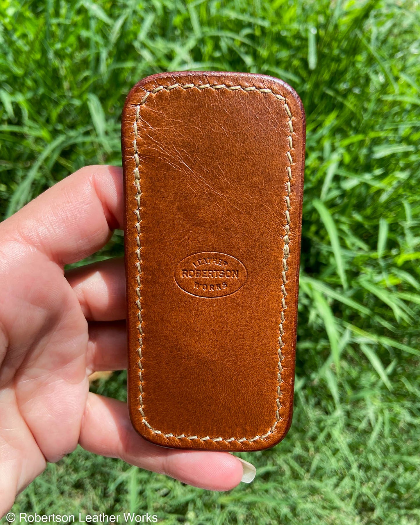 Small Glazed Whiskey Elephant Leather Knife Slip, Cream Stitching