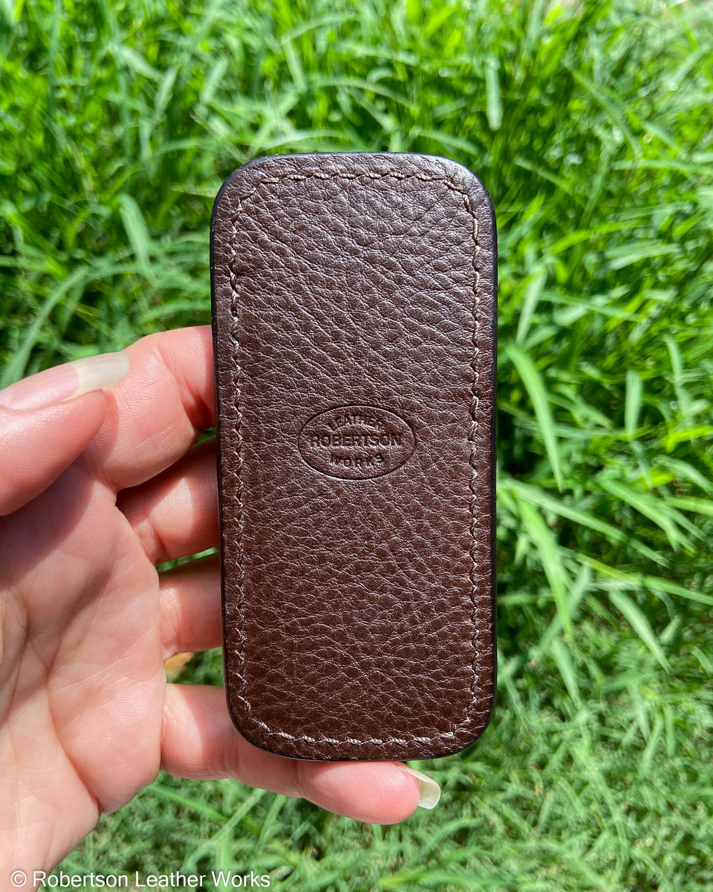 Small Vintage Peat Elephant Leather Knife Slip, Brown Stitching